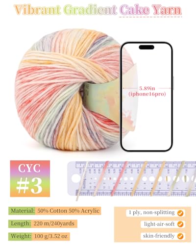 Image of Coopay Yarn for Crocheting Knitting, Gradient Cake Yarns, 2 x 3.53oz - 240yds - 50% Cotton 50% Acrylic Ombre Yarns, Crochet Yarn for Blankets, Shawls, Scarves (201 Sunrise)