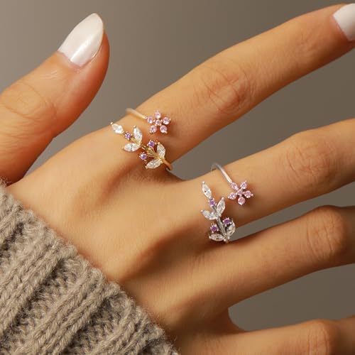 Cherry Blossom Ring for Women 925 Sterling Silver Dainty Camellia Ring 14K Gold Plated Lucky Leaf CZ Open Ring to Daughter White Shell Elegant Hibiscus Floral Crystal Wedding Birth Christmas Jewelry4