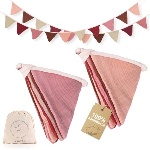 MutoToy® 2 stuks vlaggetjesslinger voor kinderkamer, 2,7 m, stof van mousseline katoen, slinger voor kinderkamer, voor huisbed, babybed, kinderbed, babykamer, wanddecoratie (roze)