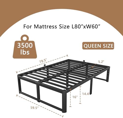 VYM 16 Inch Bed Frame Queen Size, Heavy Duty Platform Bed Frame Support 3500 LBS, No Box Spring Needed, DIY Headboard, Anti-Slip Mattress Stopper, Round Corner Leg, Easy Assembly, Black - 1