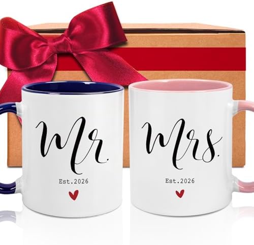 Mr and Mrs Mug Set - His & Hers Ceramic Coffee Cups (11oz) - Wedd...