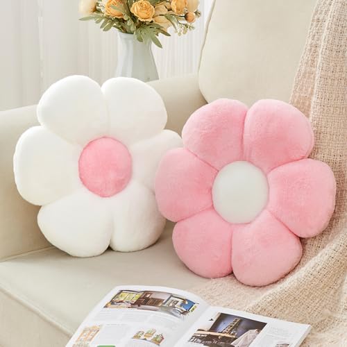 Gowwye 2 Pcs Flower Throw Pillow,15.7'' Daisy Shaped Pillows Set with Faux Rabbit Fur,Soft Flower Plush Throw Pillow Cushions for Bed Sofa Couch Home Decor (White+Pink)