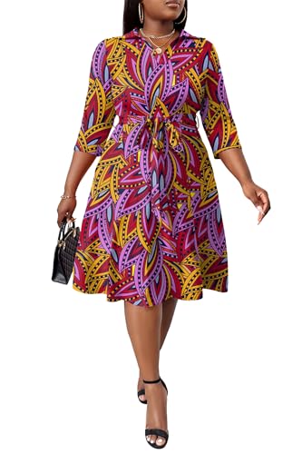 Image of FANDEE Plus Size Midi Dress for Women - Printing Summer Dresses for Wedding Guest Cocktail Party 3 /4 Sleeve V Neck(L-5XL)