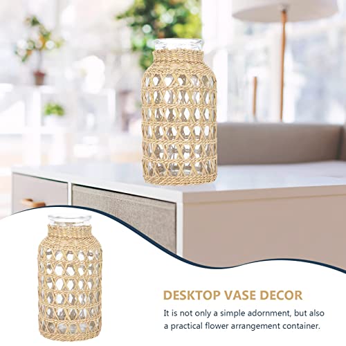 Cabilock Glass Flower Vase With Rattan Cover Farmhouse Vase Vintage Floral Container Decorative Flower Bottle Vase For Wedding Home Office S #TOP4