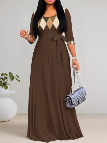 Image of PinkPatty Plus Size Maxi Dress for Women Casual V Neck 3 /4 Sleeve Boho Printed Long Dress with Pockets
