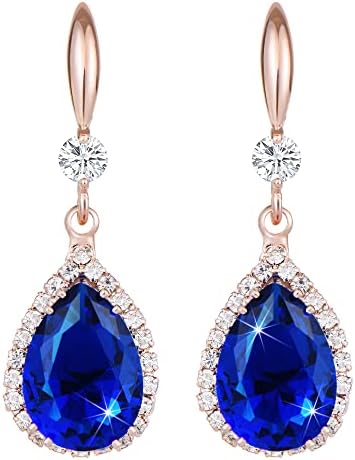 Linawe Sapphire Blue Earrings for Women Rose Gold, Diamond Drop Dangle Earrings, Chandelier Rhinestone Cubic Zirconia Crystal Teardrop Earrings, Wedding Jewelry Set