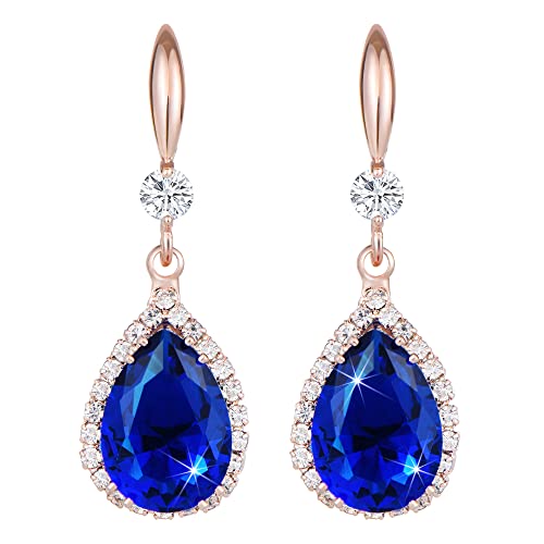 Linawe Sapphire Blue Earrings For Women Rose Gold, Diamond Drop Dangle Earrings, Chandelier Rhinestone Cubic Zirconia Crystal Teardrop Earrings, Wedding Jewelry Set #TOP2