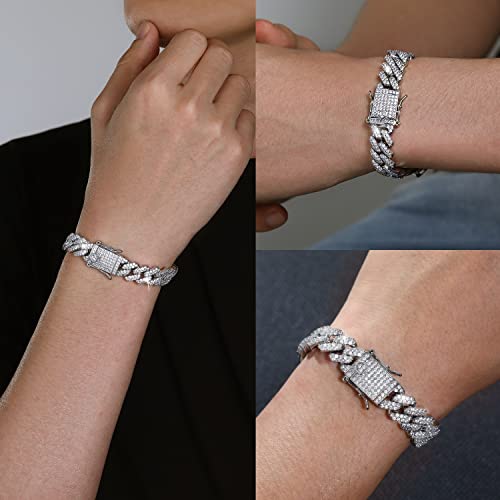 NOBYLO 12MM Cuban Link Bracelet 14K/ White Gold Plated Full Iced Out Prong Setting Hypoallergenic Hip Hop Jewelry for Men Birthday Gift(white gold, 8.5) — view 2