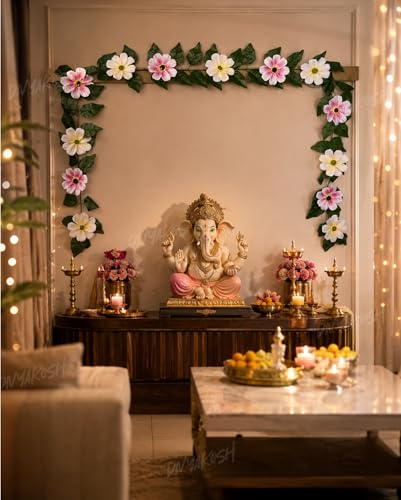 Image of Divyakosh Mango Leaf Vine /Creeper (6.5 Ft) with Cosmos Flowers for Door Entrance Decor | Artificial Flowers Garland,Thoran | Festive Puja Wall Hanging for Diwali Navratri Ganpati Home Decor