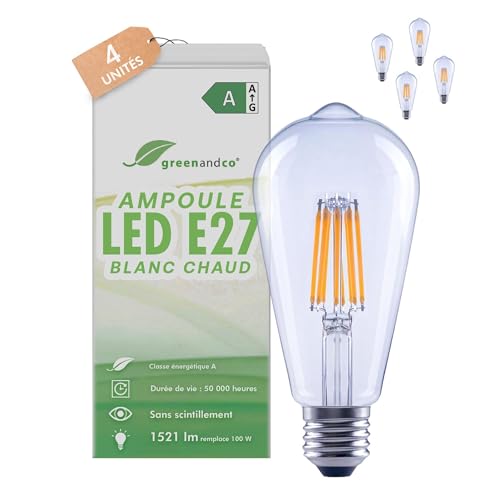 Ampoule à filament LED E27 ST64 greenandco transparente blanc chaud 3000K lot de 4