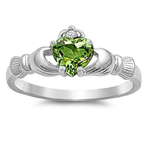 Edric Jewelry Claddagh Ring 925 Sterling Silver AAA Quality CZ Heart Promise Ring Choose Your Color (Sterling-Silver Peridot CZ, 9)