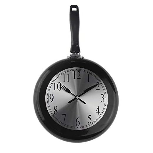 Metal Frying Pan Kitchen Clock - 10 inch Unique Themed Wall Clock with Screwdriver (Black)