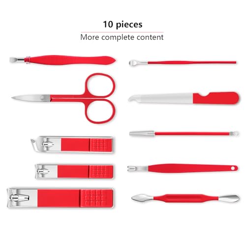 Manicure Set, Travel Mini Nail Clippers Kit Pedicure Care Tools, 10pcs Stainless Steel Grooming kit (Red)