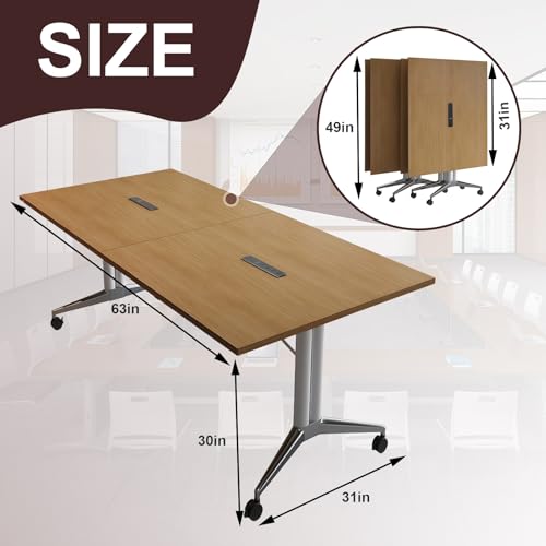 Modern Foldable Retractable Large Conference Table for 8-10 People, Wooden Meeting Table, Designed with Built-in Cable Holes and Foot Brake Pulley for Office Conference Room