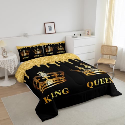 Image of Feelyou Kids Full Gold Crown King & Queen Bedding Set Mr Mrs Comforter Lover Couple Comforter Set for Couple Man Woman His and Hers Duvet Set Couple Wedding Room Decor with 2 Pillow Case