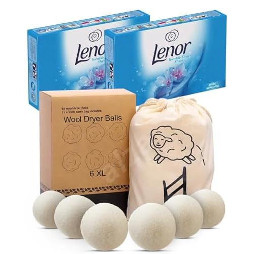 Lenor Tumble Dryer Sheets (2 Pack) + Wool Dryer Balls for Laundry UK | Scented Tumble Dryer Sheets & Eco-Friendly Fabric Softener Bundle | Tumble Dryer Scent Booster & Cleaner