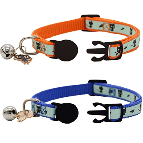 Image of 2 Pack Glow in The Dark Cat Collar with Bell Breakaway Safety Cat Puppy Collars with Pendant Orange and Blue