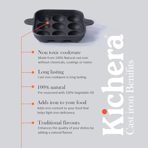 Image of Kichera Cast Iron Appam Pan | Nonstick 9-Cavity Appam Maker | 9.8 Inch, 1.8kg | Induction Friendly