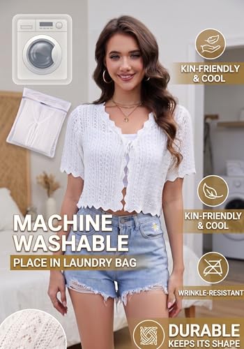 Image of Womens Lightweight Short Sleeve Cardigan Trendy Knit Hollowed-Out Y2k Cropped Tie-Front Shrugs for Dresses Pants Shorts