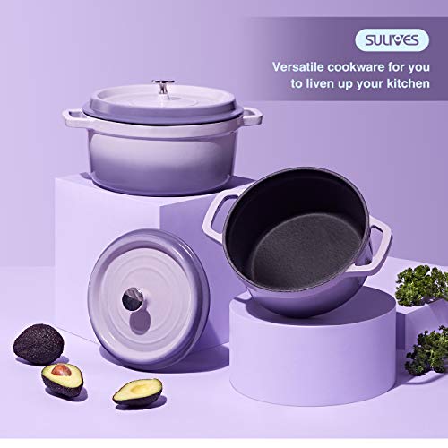 Sulives Non-Stick Enamel Cast Iron Dutch Oven Pot with Lid Suitable for bread baking use on gas electric oven 3 Quart for 2-3 people(Purple)