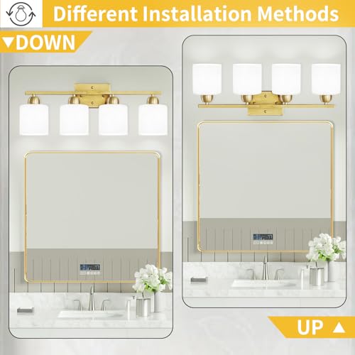 Image of 4 Light Gold Light Fixture Bathroom, Brushed Gold Vanity Light with Milky White Frosted Glass Shades, Lights for Bathroom Mirror for Living Room Bedroom Hallway E26 Base