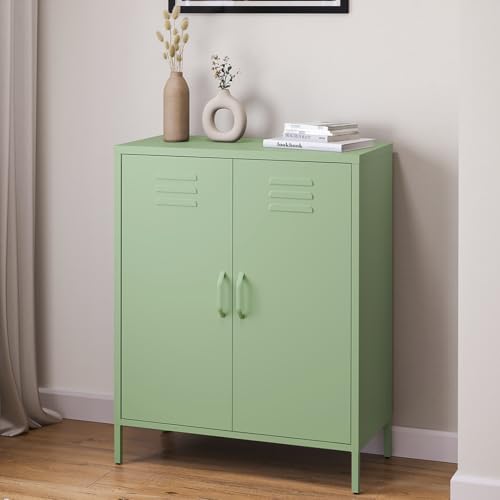 skølm Atria Metall Kommode – Sideboard in Mintgrün – Metallschrank mit 3 Fächern & Doppeltüren – Mehrzweckschrank mit flexiblen Einlegeböden – Industrial Highboard – Aufbewahrungsschrank/Flurschrank