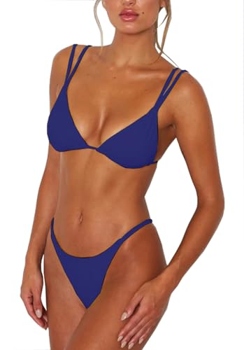 Image of Women's Sexy Thong Bottom Two Piece Bikini Double Shoulder Straps Cute Swimsuit Triangle Bathing Suit
