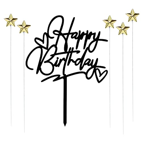 1 Pcs Black Happy Birthday Cake Topper,5 Pcs Striking Gold Stars Topper Theme Party Decor #TOP18