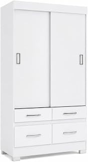 Befara Elias 4 Drawer Sliding Door Wardrobe - White, 110.5 x 48.5 x 200.5 cm, White Sliding Door Wardrobe with Four Drawers, Hanging Bar and Shelves