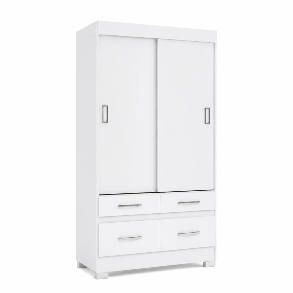 Befara Armoire À Portes COULISSANTES ET 4 TIROIRS Elias, Blanc, 109,5 x 48,5 x 200,5 cm, Armoire à Portes coulissantes Blanche avec Quatre tiroirs, Barre de Suspension et étagères