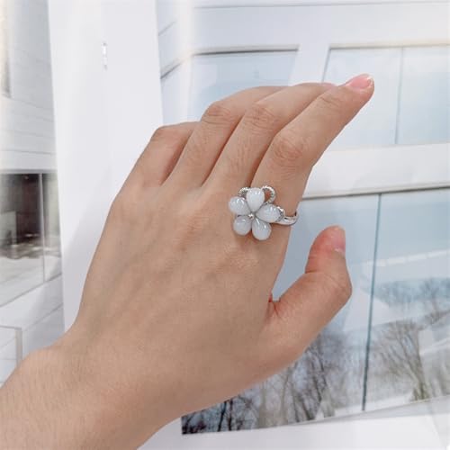 Rotating Flower Fidget Anxiety Rings for Women Elegant Cat Eye Floral Adjustable Spinner Ring for Anxiety Relieving Stress Wedding Engagement Anniversary Open Band Anti Rotatable Jewelry2