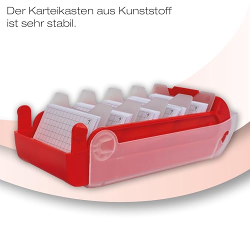 TimeTEX - Karteikasten aus robustem Kunststoff, A8, Halbtransparent mit einschiebbarem Deckel, 5-Fächer-Lernmethode, 20x9x6,5cm, Farbe: rot – Ansicht 6