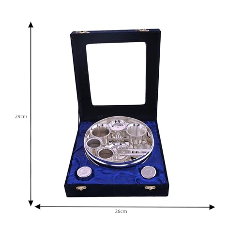 Image of Jaipur Ace Premium Silver Plated Pooja Thali Set in Velvet Box |Decorative Diwali Gift Set with Ritual Compartments, Glass Lid Display & Gold Clasps for Sacred Celebrations