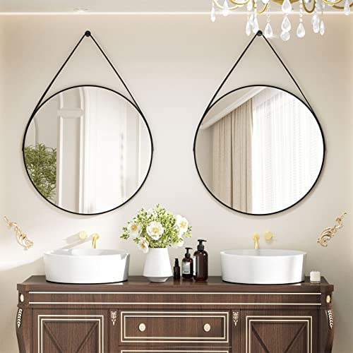 Harritpure Black Round Mirror With Hanging Leather Strap Aluminum Frame Wall-Mounted Circle Mirror Hanging Mirrors For Bathroom Vanity Living Room Bedroom Entryway Decor #TOP7
