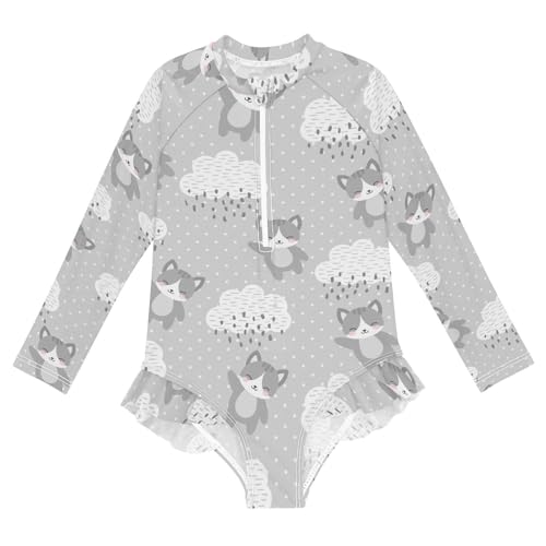 Ollabaky Baby Girls Long Sleeve Swimsuit Cat Happy Cute Kitty One Piece Bathing Suit Rash Guard UPF50+ Toddler Girl Swimwear, 4T Multi