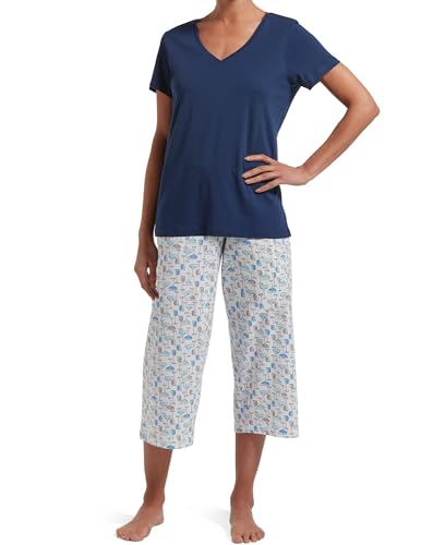 HUE Women's Basic 2 Piece Pajama Set V-Neck Tee and Printed Knit Capri Pant Made with Temperature Control Technology
