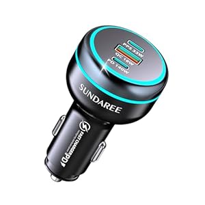 SUNDAREE 191W Car Charger [PD 3.1] with Light Blue Dual Aperture Car Cigarette Lighter Adapter, USB C Car Phone Charger for iPhone 15/14/Pro Max/Pro/Samsung Galaxy S24 etc