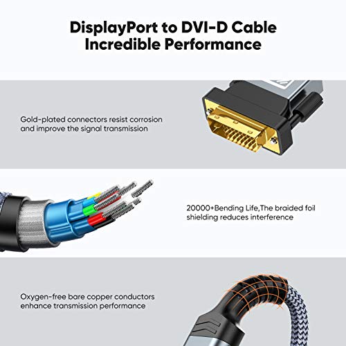 Displayport To Dvi Cable 6Ft, Capshi Dvi To Displayport Adapter Male To Male,Gold-Plated Dvi To Dp Cable -Nylon Braided Dvi Cables Compatible With Lenovo, Dell, Hp, Monitor, And Other Brand #TOP4