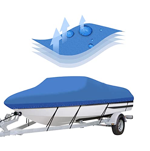 20-22ft Trailerable 600D Boat Cover, Heavy Duty Waterproof UV Marine Grade Oxford Fabric fits V-Hull,TRI-Hull,Trailer,Pro-Style,Fishing Ski,Runabout,Bass Boat with Strap Blue