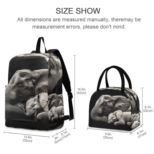 Elephant Family Print Backpack Set with Lunch Bag, Large Capacity Travel Backpacks and Lunch Box Insulated for Commute Hiking Picnic2
