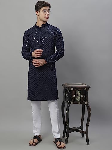 Image of Jompers Navy Navy Blue Chikankari Embroidered and Sequence Kurtas. (Navy, 3XL)