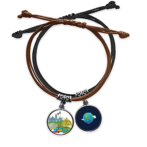 Pulsera de cuero de México con bandera y graffiti de lugares icónicos