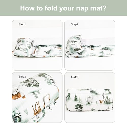 PHF Toddler Nap Mat with Removable Pillow and Minky Fleece Blanket, Rollup Design Warm Slumber Bags for Boys, 50\"x20\"x2\" Kids Sleeping Bag for Daycare Preschool Travel Camping, Woodland