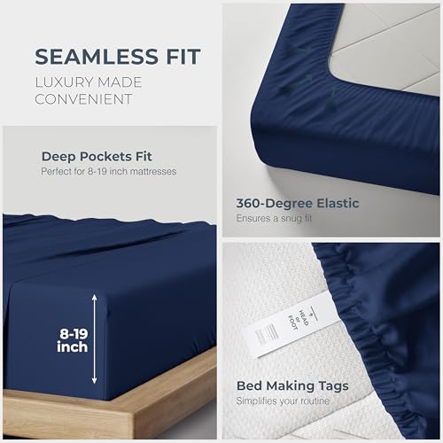 Image of THREAD SPREAD 100% Egyptian Cotton Sheets Queen Size - Luxury 1500 Series Queen Sheet Set Egyptian Cotton (4 PC, Navy Blue), Silky Soft, Sateen Weave, Cooling & Breathable, 17 inch Deep Pocket Bed Set