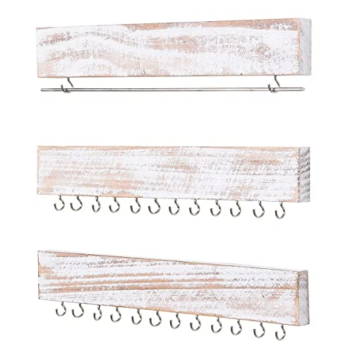 RHF 12in Jewelry Organizer for Wall Set of 3, Rustic Wood & Metal Wall Mount Organizer with 26 Hooks, for Earrings Bar, Hanging Rings, Necklaces and Bracelet, Nice gift for woman (1pack, White)