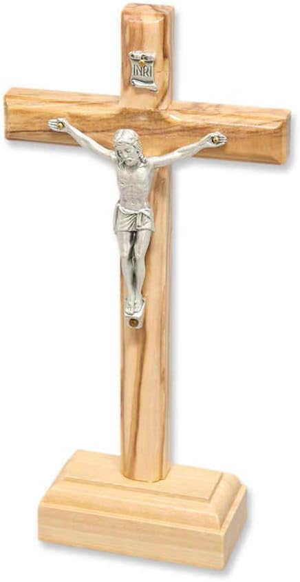 Cross Stand, Standing Cross, Cross Altar, Olive Wood, Natural Colour Varnish with Metal Christ Body, 18 x 9 cm, Crucifix with Base, Mourning Cross