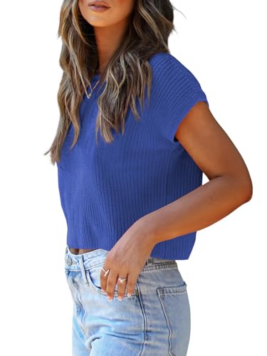 Image of LCXWFE Womens Summer Cropped Sweater Vest Trendy Cap Sleeve Crop Tops Crew Neck Loose Knit Tank Top
