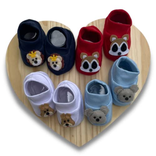 Kit 4 Sapatinho 3D Bebê Recem Nascido 100% Algodão Menino Pantufa Meia RN