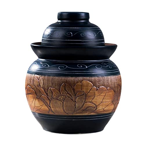 XFENG Vintage céramique céramique céramique Kimchi Pot de Bouteille, Pot de Fermentation avec Couvercle, coréenne nocan coréenne de Chou scellé, Bocal de Rangement de Sauerkraut, Lotus sculpté