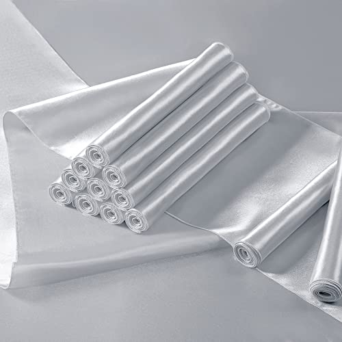 Manyshofu 12Pcs Satin Silver Table Runner - 12 X 108 Inch Long Size, Party Table Runner Decor Bright & Smooth Wedding Decorations Table Runner For Banquet Chef Birthday Buffet Dinner Graduations #TOP1